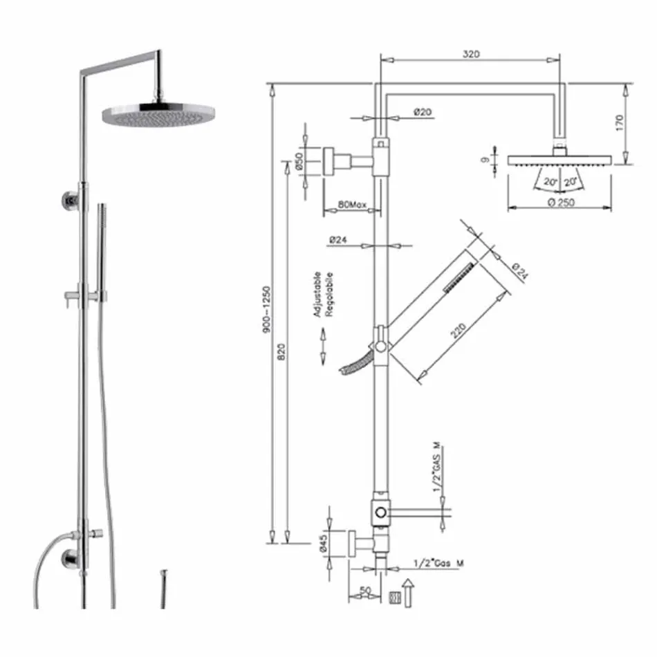 Kolumna prysznicowa z chromowanego mosiądzu z prysznicem ręcznym ABS wyprodukowanym we Włoszech - Selvio Viadurini
