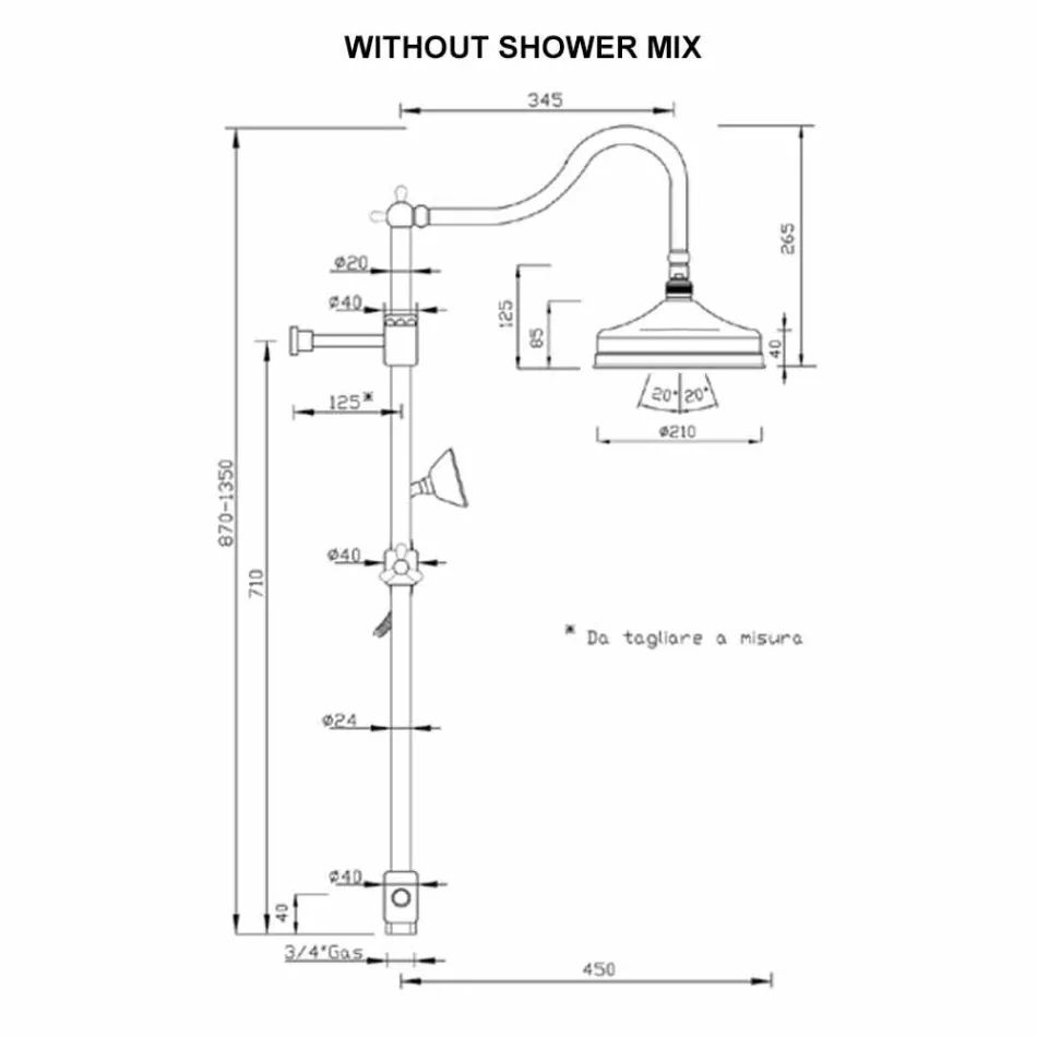 Mosiężna kolumna prysznicowa bez mieszacza Klasyczny design Made in Italy - Yunda Viadurini