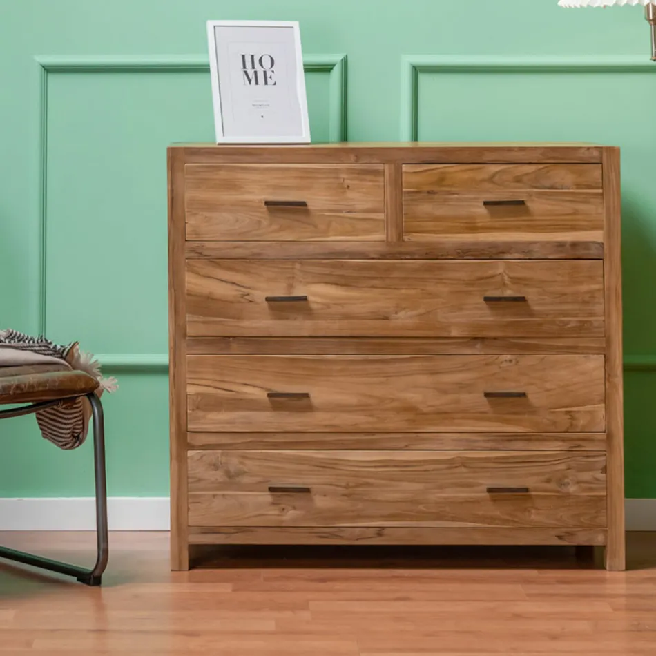 Komoda z litego drewna tekowego z 5 szufladami - Tang Viadurini