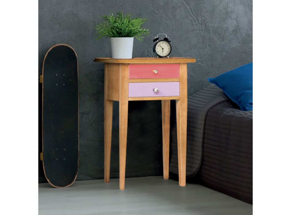 Drewniany stolik nocny z 2 kolorowymi szufladami Made in Italy - Varuna Viadurini