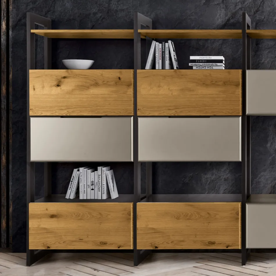 Kompozycja ścienna z płyty Mdf i dębowej płyty stolarskiej Made in Italy - Marit Viadurini