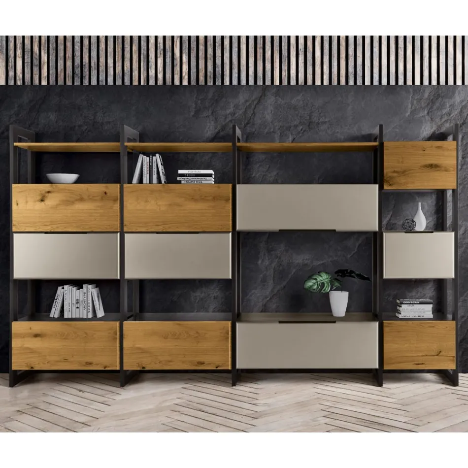 Kompozycja ścienna z płyty Mdf i dębowej płyty stolarskiej Made in Italy - Marit Viadurini