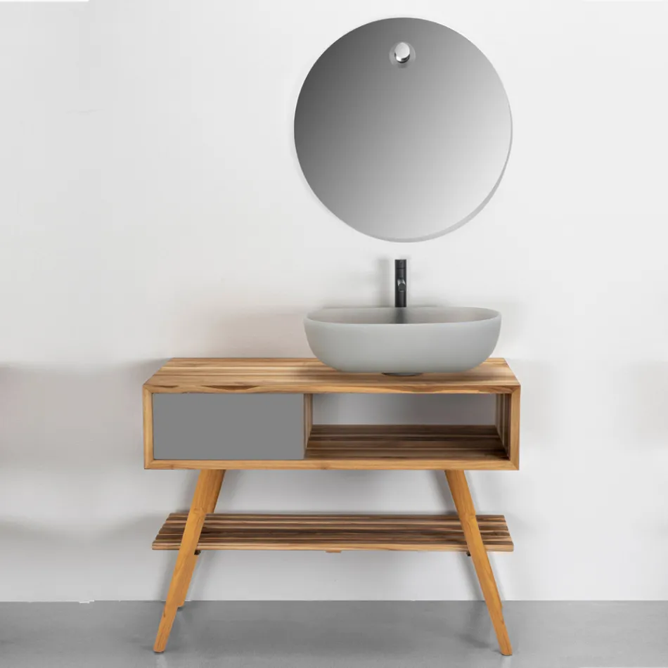 Szara kompozycja mebli łazienkowych z lustrem i szafką naziemną - Sylviane Viadurini