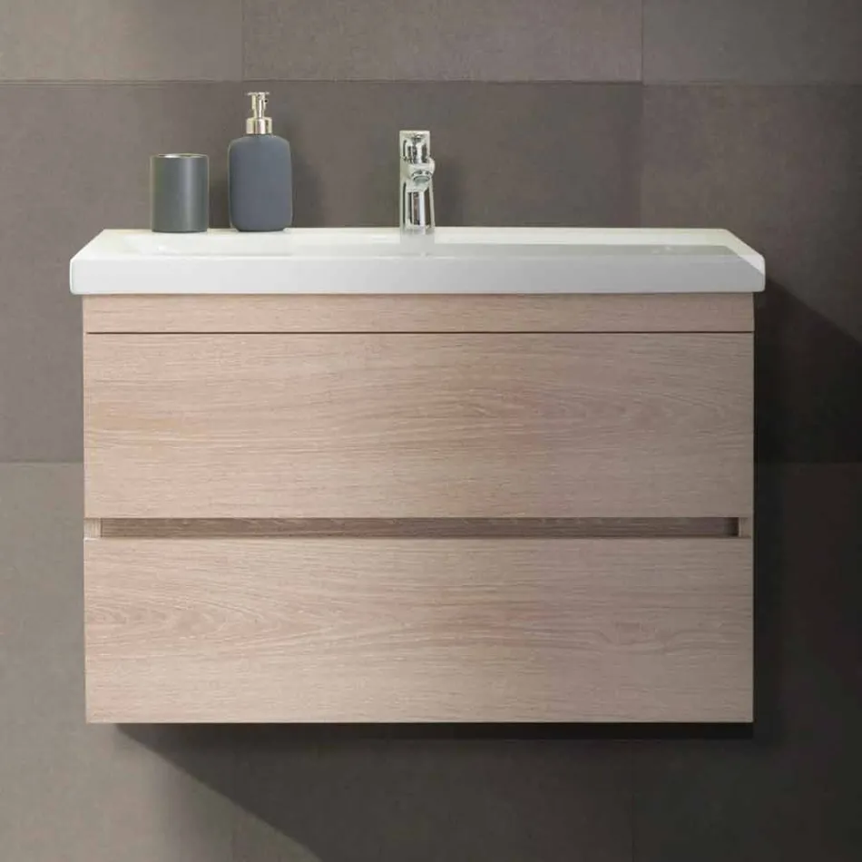 Zawieszona kompozycja mebli łazienkowych w melaminie dębowej - Becky Viadurini