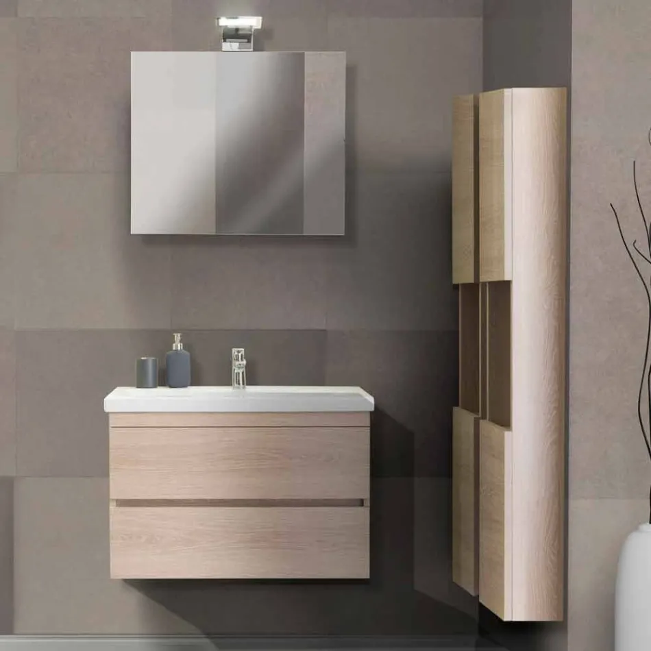 Zawieszona kompozycja mebli łazienkowych w melaminie dębowej - Becky Viadurini