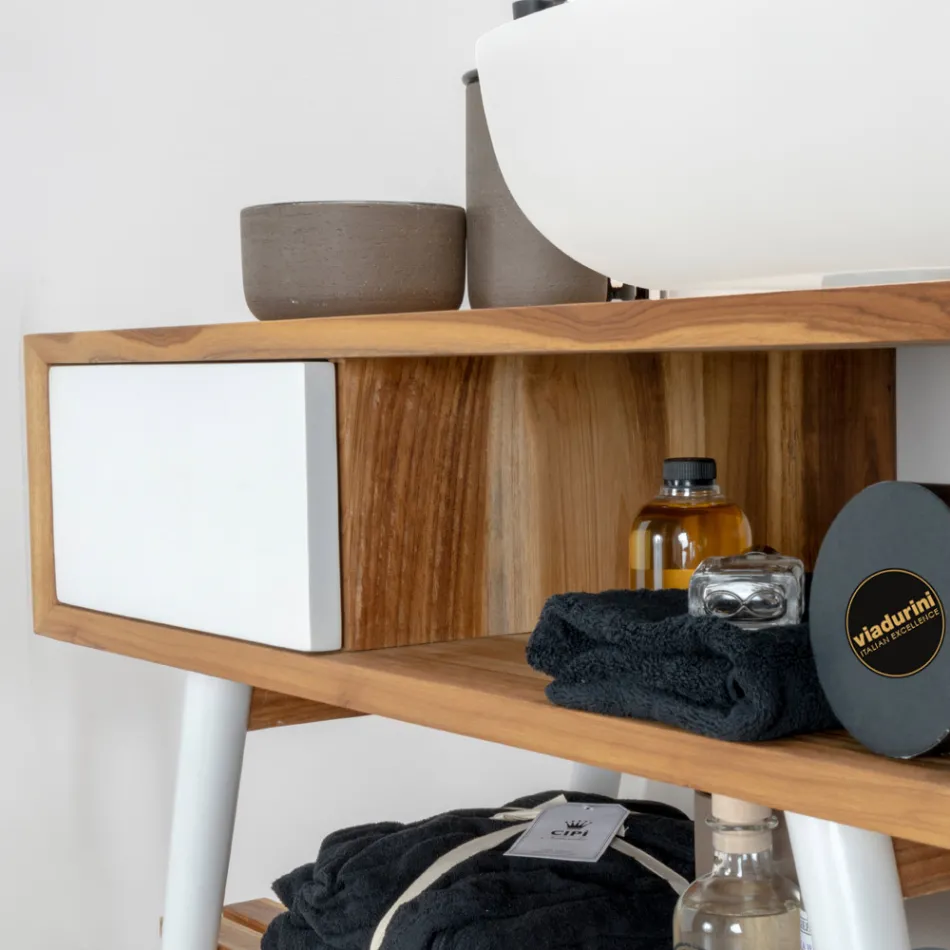 Biała kompozycja łazienkowa z szafką, lustrem i akcesoriami - Sylviane Viadurini