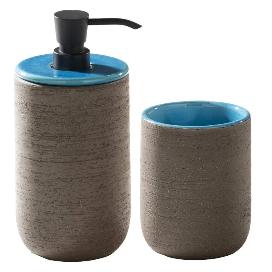 Niebieska kompozycja łazienkowa z szafką podłogową z drewna tekowego i akcesoriami - Sylviane Viadurini