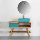 Niebieska kompozycja łazienkowa z szafką podłogową z drewna tekowego i akcesoriami - Sylviane Viadurini