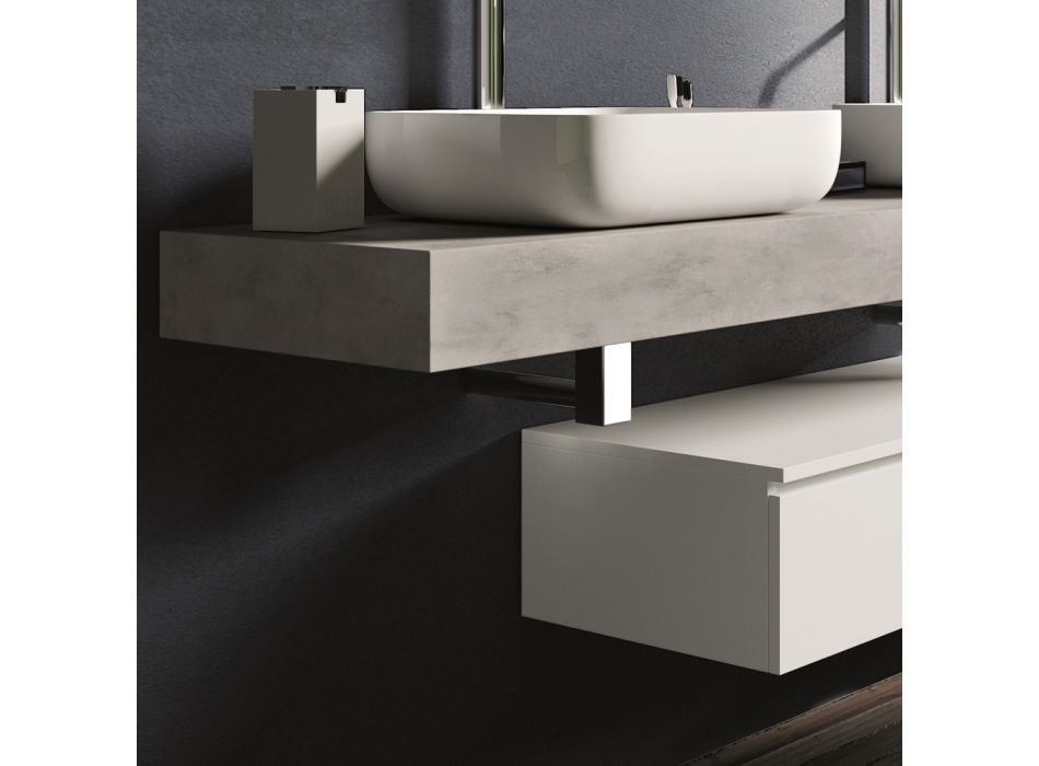 Betonowy kolor i matowa biel Kompozycja łazienkowa z umywalką, lustrem i podstawą - Palom Viadurini
