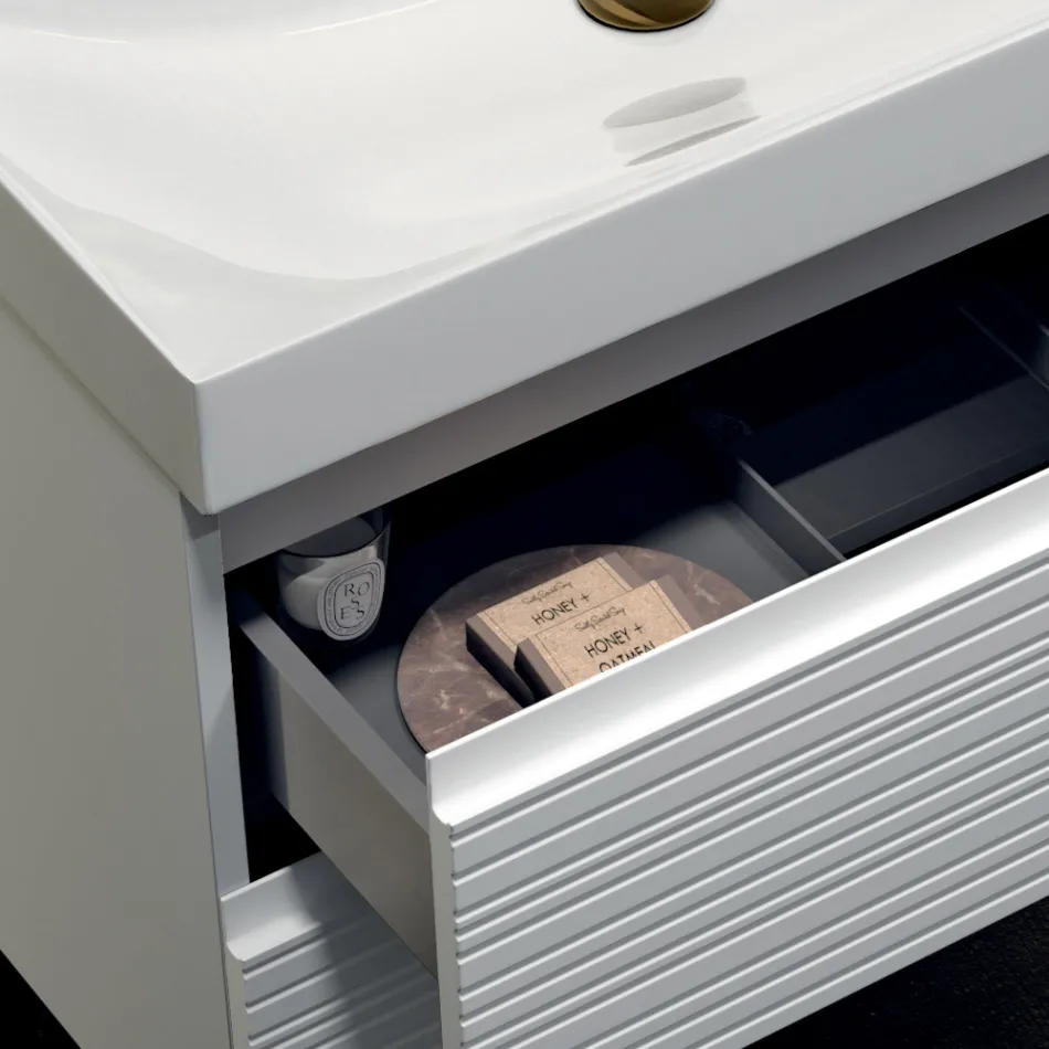 Kompozycja łazienkowa z 2 matowymi, białymi szufladami, umywalką i lustrem - Elios Viadurini