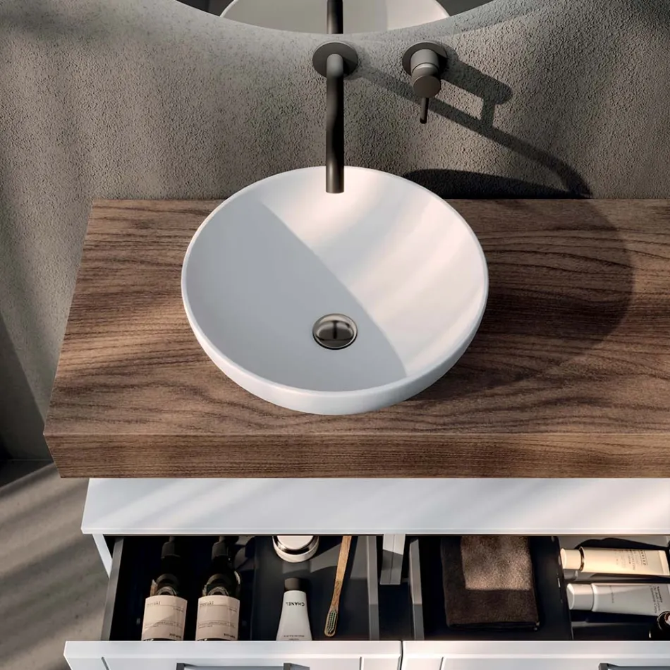 Kompozycja łazienkowa z 2 szufladami, lustrem i białą umywalką z żywicy - Magnolia Viadurini