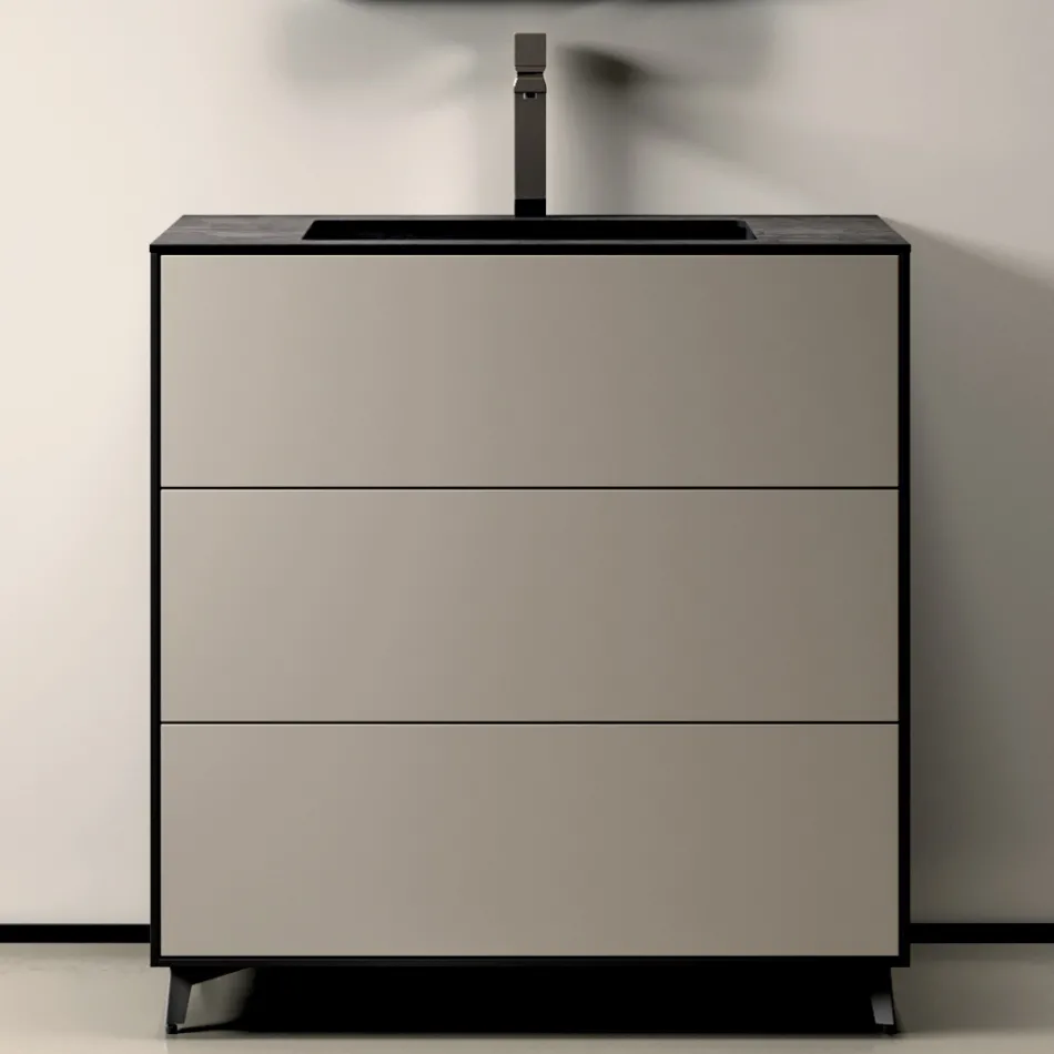 Kompozycja łazienkowa z 3 matowymi szufladami w kolorze gołębiej szarości, lustrem i umywalką - Velaria Viadurini