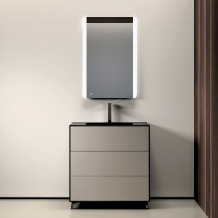 Kompozycja łazienkowa z 3 matowymi szufladami w kolorze gołębiej szarości, lustrem i umywalką - Velaria Viadurini