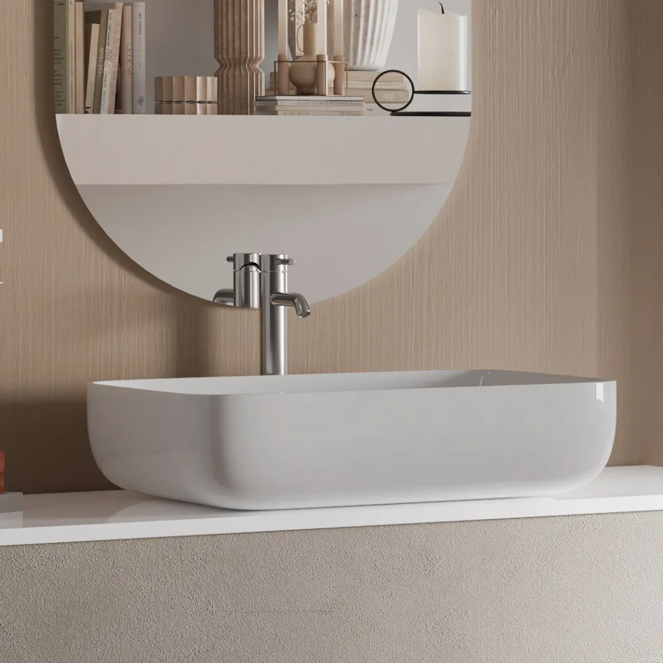 Kompozycja łazienkowa z podstawą z kamienia Havana, lustrem i umywalką Made in Italy - Kilos Viadurini