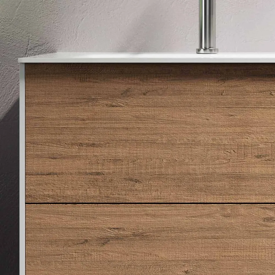 Kompozycja łazienkowa z podstawą w kolorze miodowego dębu, umywalką i lustrem Made in Italy - Kilos Viadurini