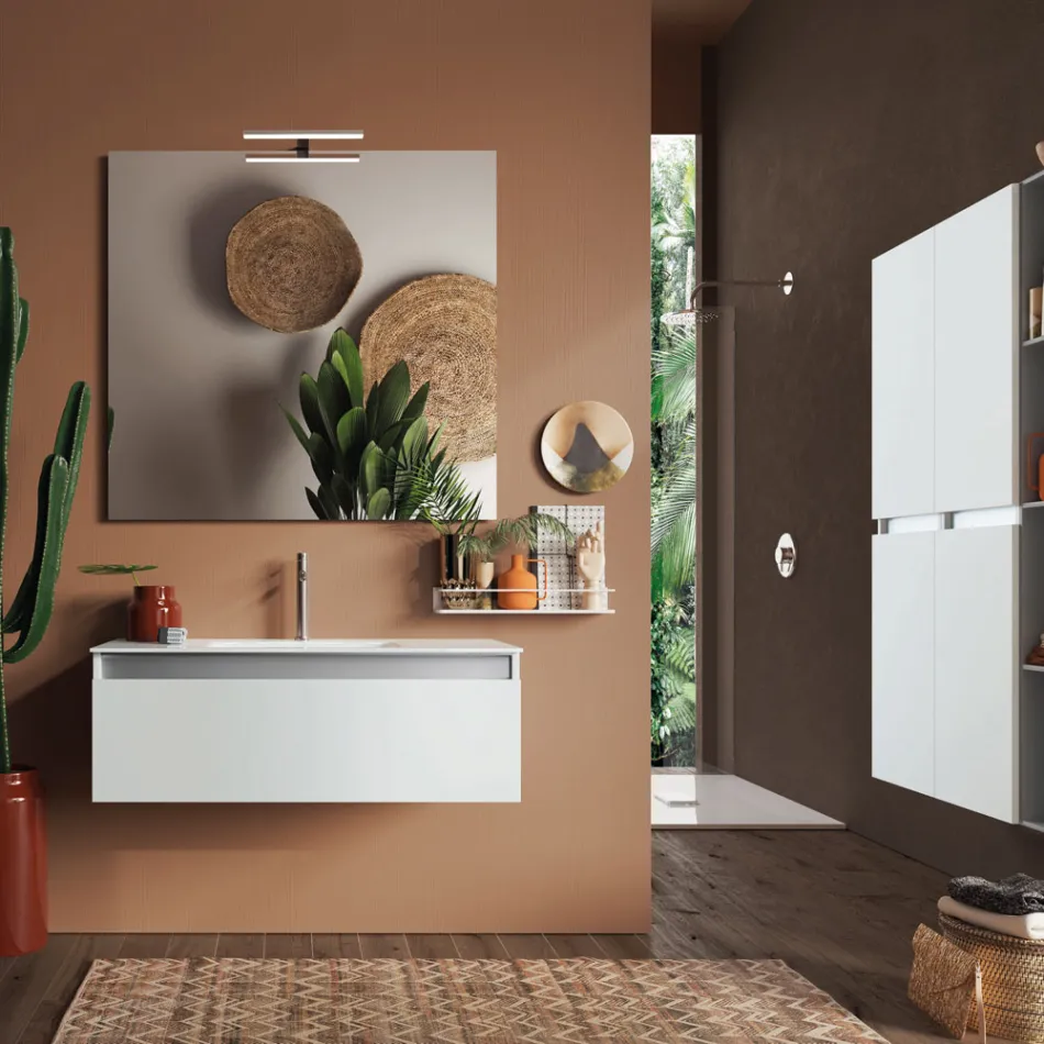 Kompozycja łazienkowa z podwieszaną podstawą, lustrem i umywalką Made in Italy - Dream Viadurini