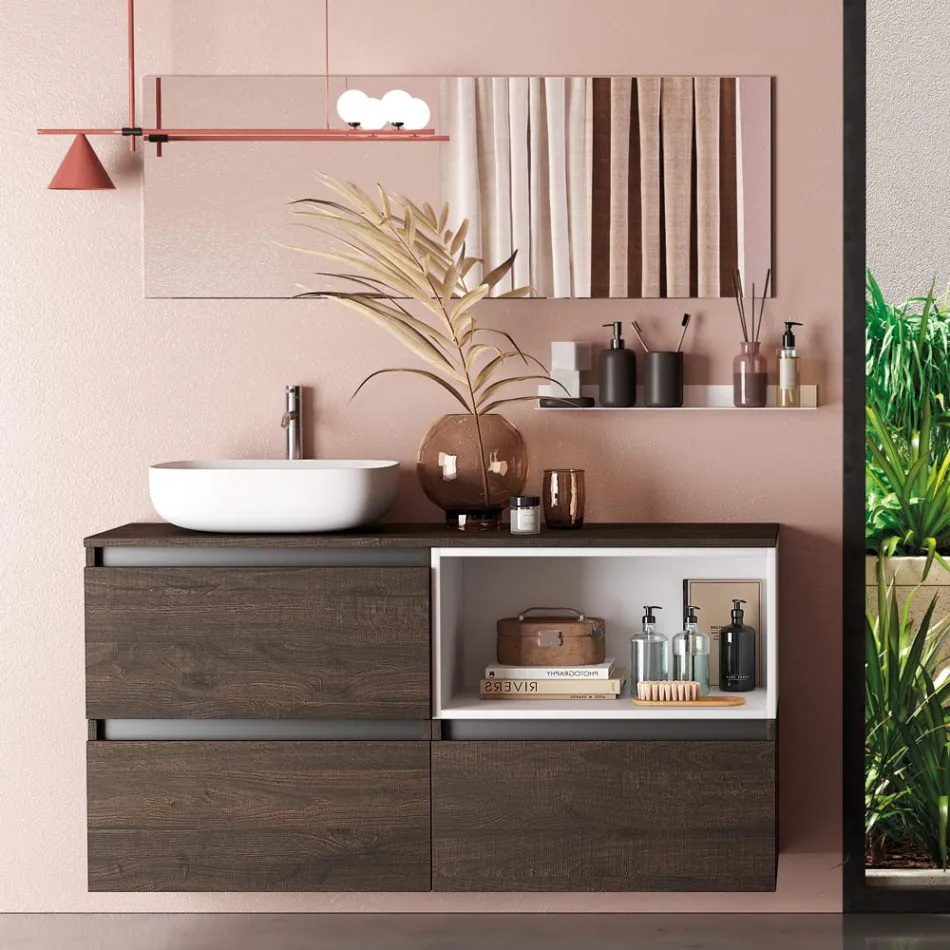 Kompozycja łazienkowa z ceramiczną umywalką i lustrem Made in Italy - Dream Viadurini