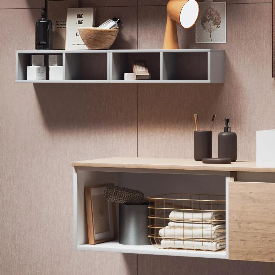 Kompozycja łazienkowa z lustrem ze zintegrowaną lampą, umywalką i podstawą - Dream Viadurini