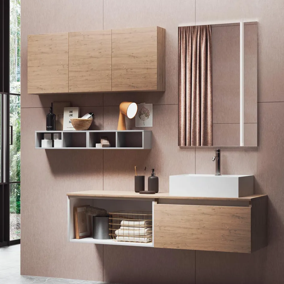 Kompozycja łazienkowa z lustrem ze zintegrowaną lampą, umywalką i podstawą - Dream Viadurini