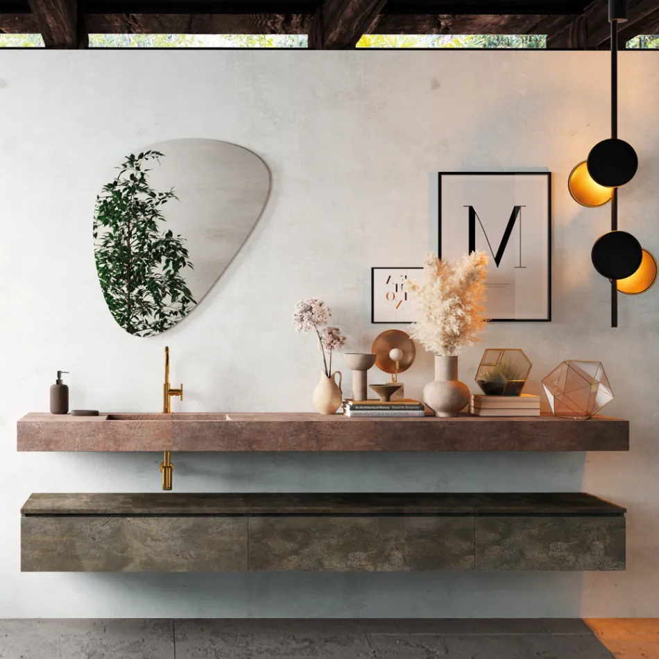 Kompozycja łazienkowa z nowoczesnym lustrem i umywalką na konsoli Made in Italy - Palom Viadurini