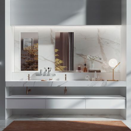 Podwójna kompozycja łazienkowa z prostokątnym lustrem i umywalką Made in Italy - Palom Viadurini