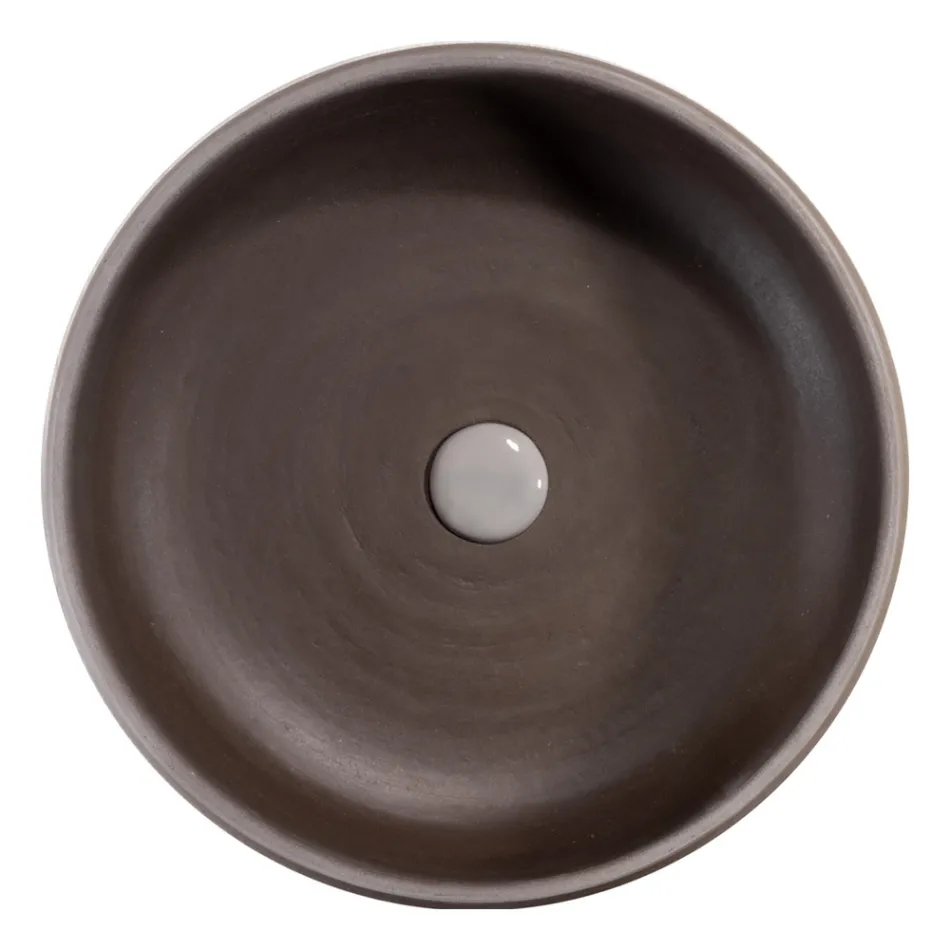 Szara kompozycja łazienkowa z okrągłym lustrem i różnymi akcesoriami - Maryse Viadurini