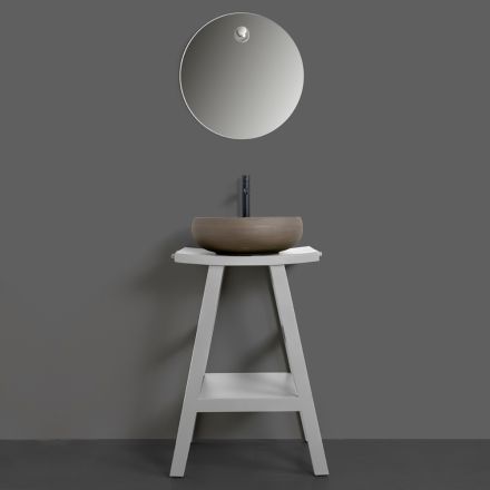 Szara kompozycja łazienkowa z okrągłym lustrem i różnymi akcesoriami - Maryse Viadurini