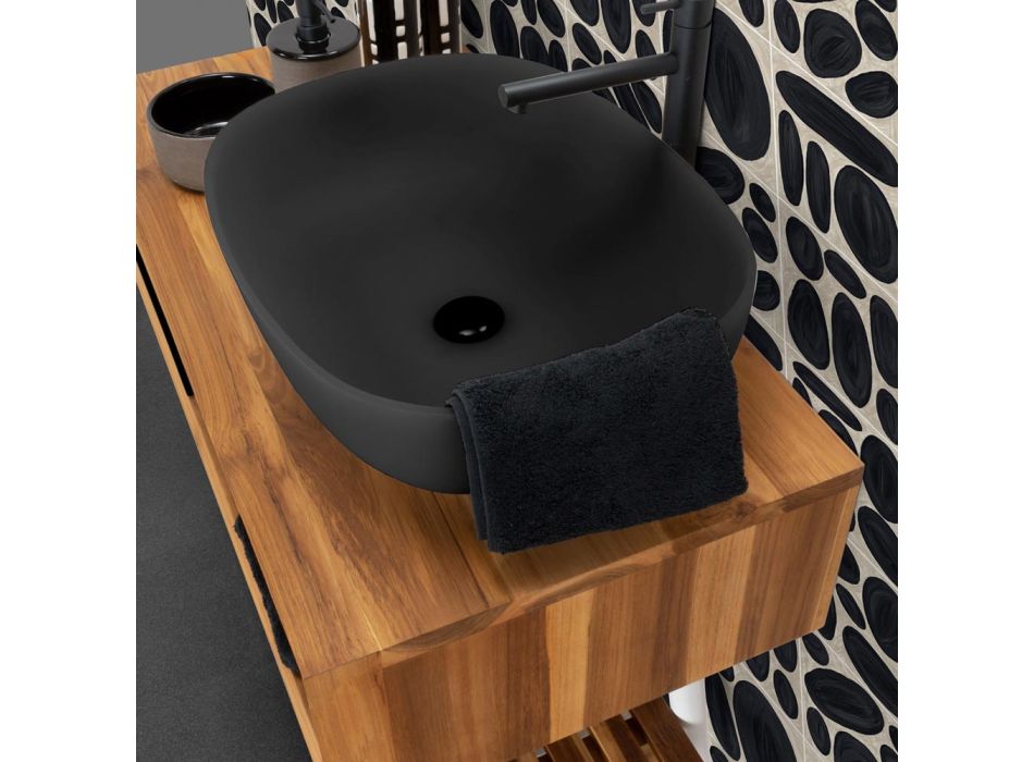 Czarna kompozycja łazienkowa z szafką z drewna tekowego i wysokiej jakości akcesoriami - Sylviane Viadurini