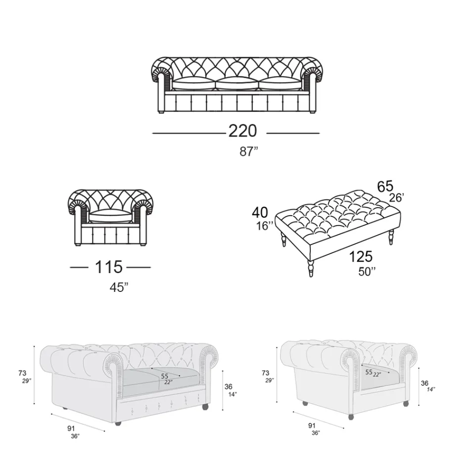 Kompozycja salonu z sofą, fotelem i ławką Made in Italy - Spasso Viadurini