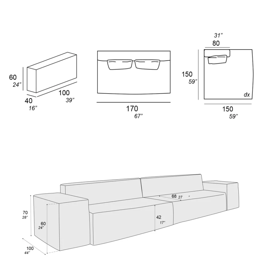 Kompozycja 1 sofy, 1 podłokietnika i 1 półwyspu - dziwna Viadurini