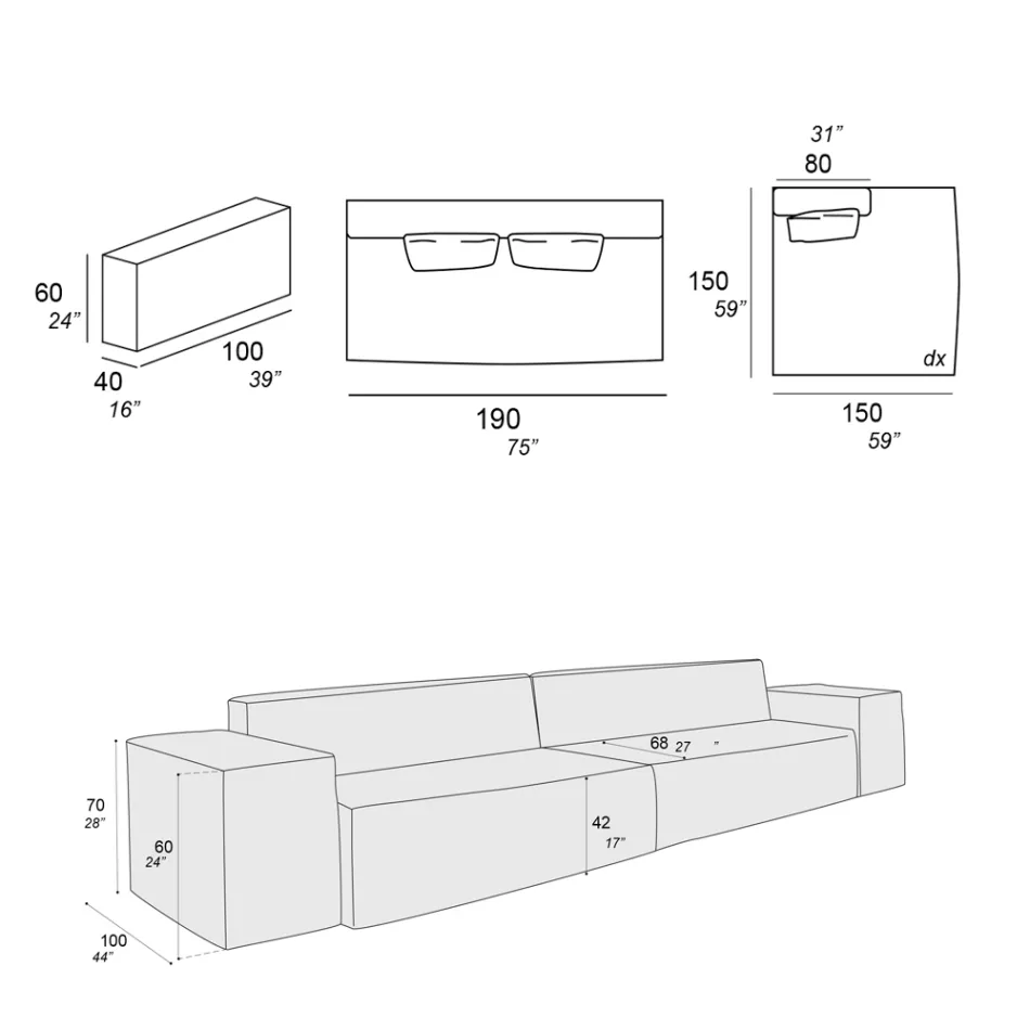 Kompozycja 1 sofy, 1 podłokietnika i 1 półwyspu - dziwna Viadurini