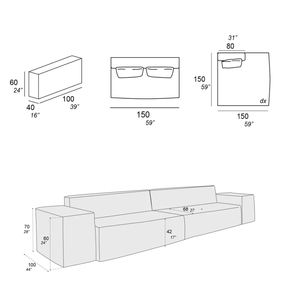Kompozycja 1 sofy, 1 podłokietnika i 1 półwyspu - dziwna Viadurini