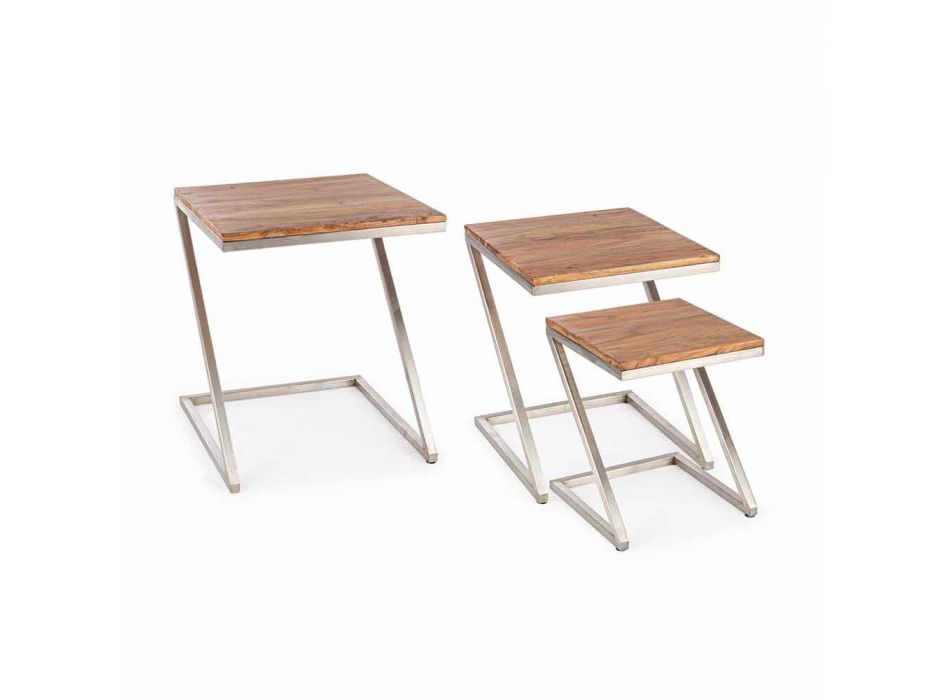 Kompozycja 3 drewnianych stolików kawowych Homemotion Square - Fonzi Viadurini