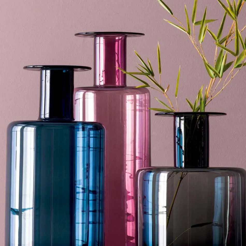 Kompozycja 3 dekoracyjnych wazonów z dymionego, niebieskiego i ametystowego szkła - Infinity Viadurini