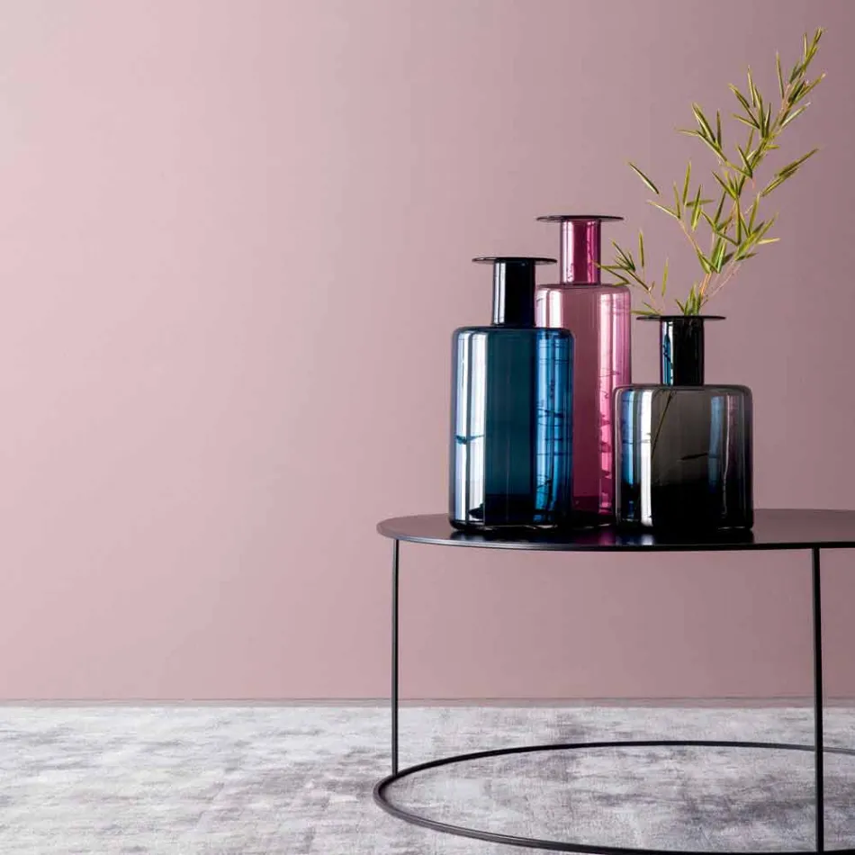 Kompozycja 3 dekoracyjnych wazonów z dymionego, niebieskiego i ametystowego szkła - Infinity Viadurini