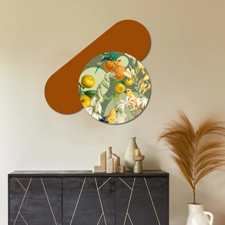 Kompozycja malarstwa drewnianego z nadrukiem papugi Made in Italy - Egipt Viadurini