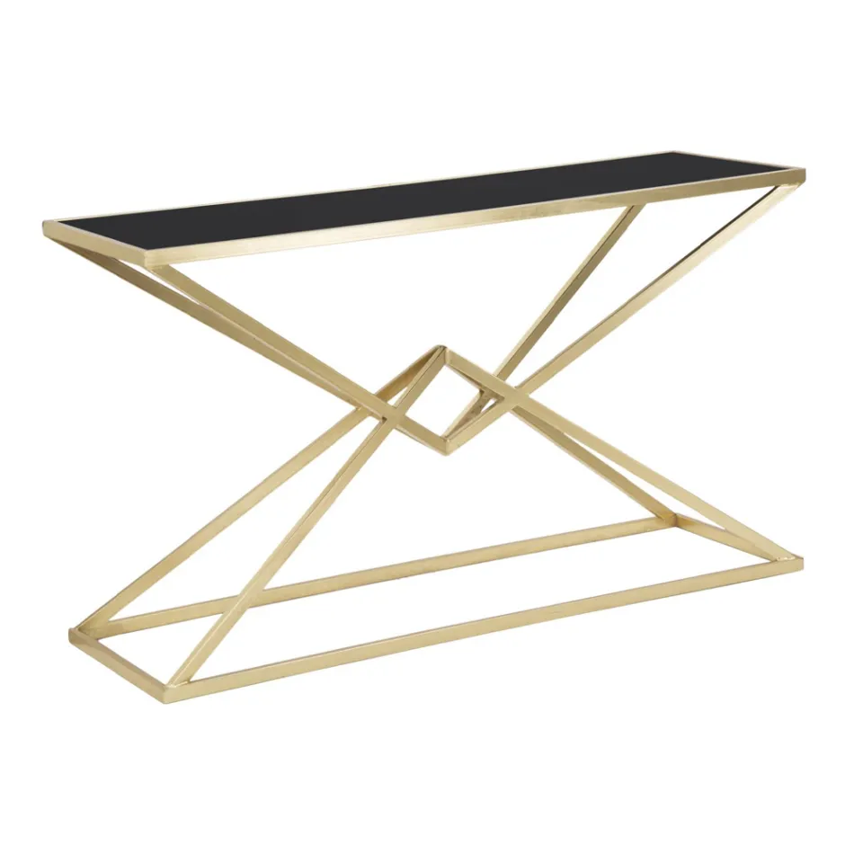 Konsola ze strukturą ze złotego metalu i blatem z czarnego szkła - Erytrea Viadurini