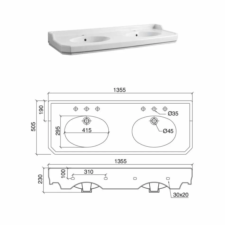 Konsola łazienkowa L 135 cm z podwójną miską ceramiczną Made in Italy - Nausica Viadurini