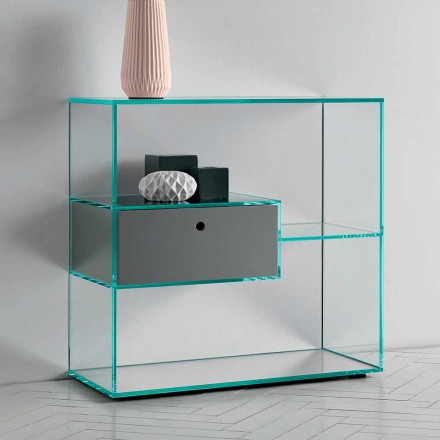 Ścienna konsola wejściowa z przezroczystego szkła z lakierowaną szufladą - Linzy Viadurini