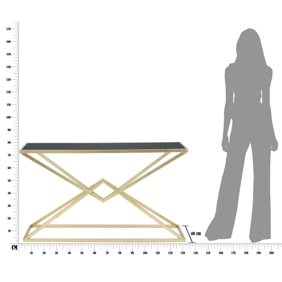 Złota konsola z metalową konstrukcją i czarnym szklanym blatem - Erytrea Viadurini
