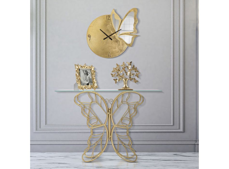 Żelazna konsola ze złotym wykończeniem z przezroczystym szklanym blatem - Farella Viadurini