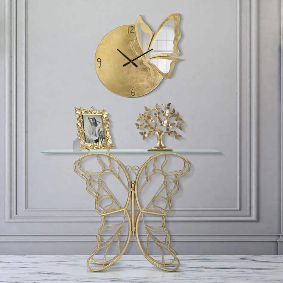 Żelazna konsola ze złotym wykończeniem z przezroczystym szklanym blatem - Farella Viadurini