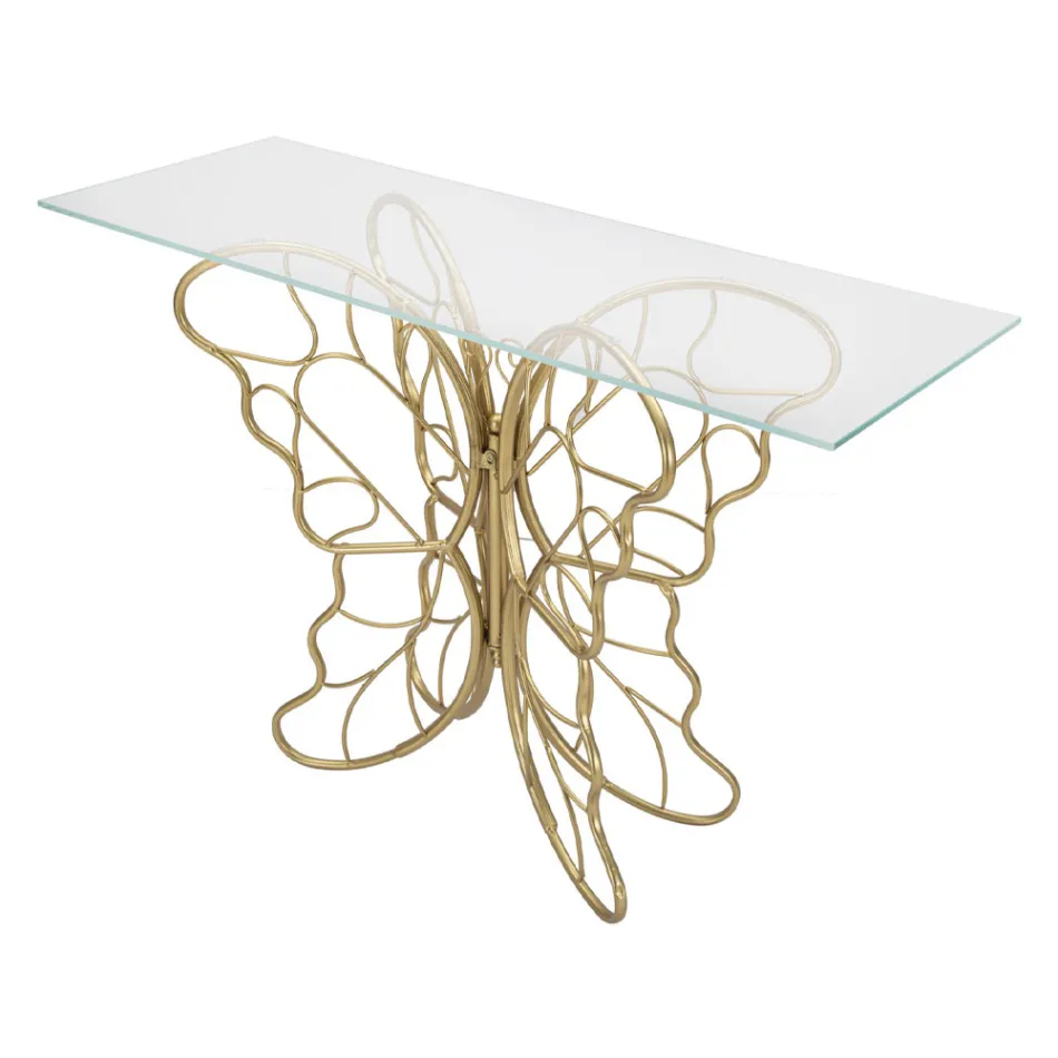 Żelazna konsola ze złotym wykończeniem z przezroczystym szklanym blatem - Farella Viadurini