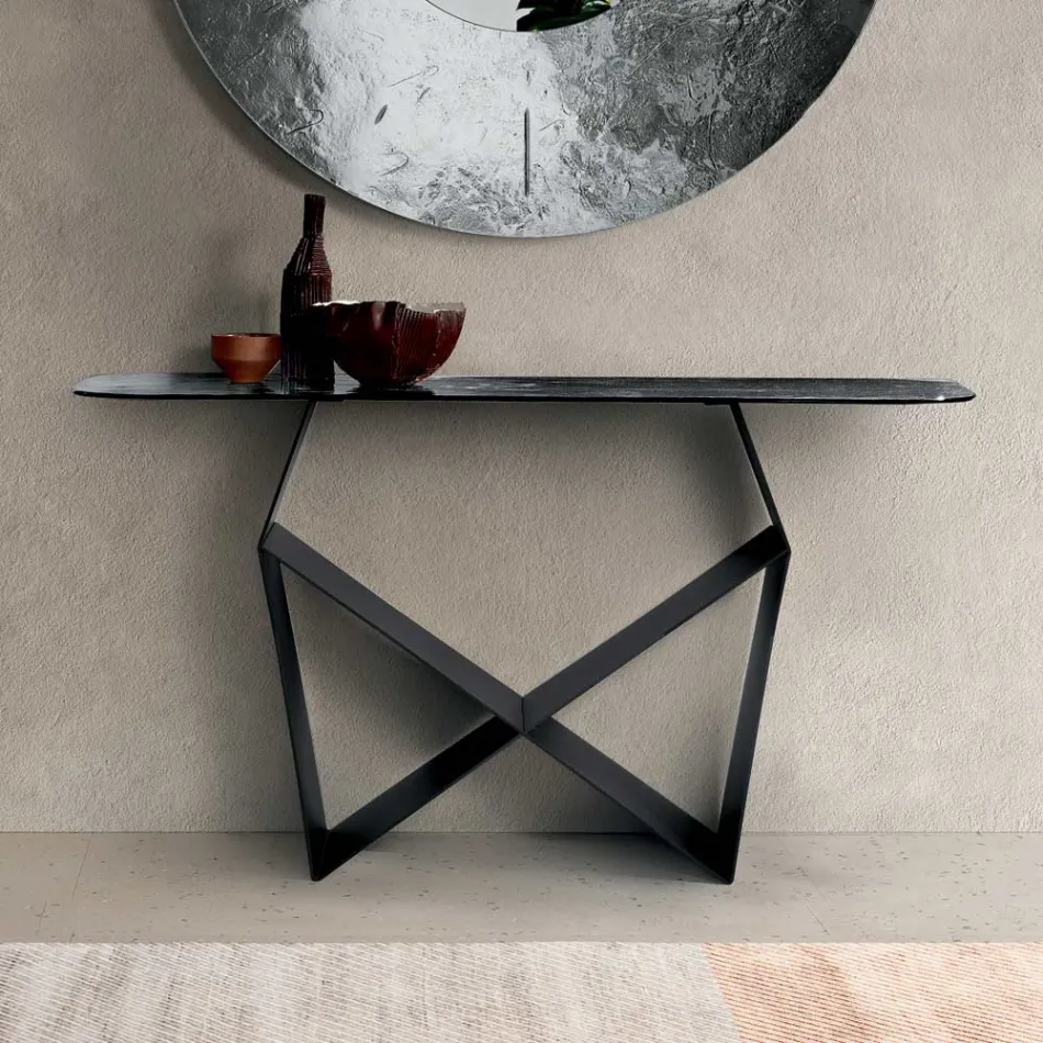 Stolik konsolowy z metalu i młotkowanym szklanym blatem z oparciem – wykończenie w kolorze srebrnym – Concordia Viadurini