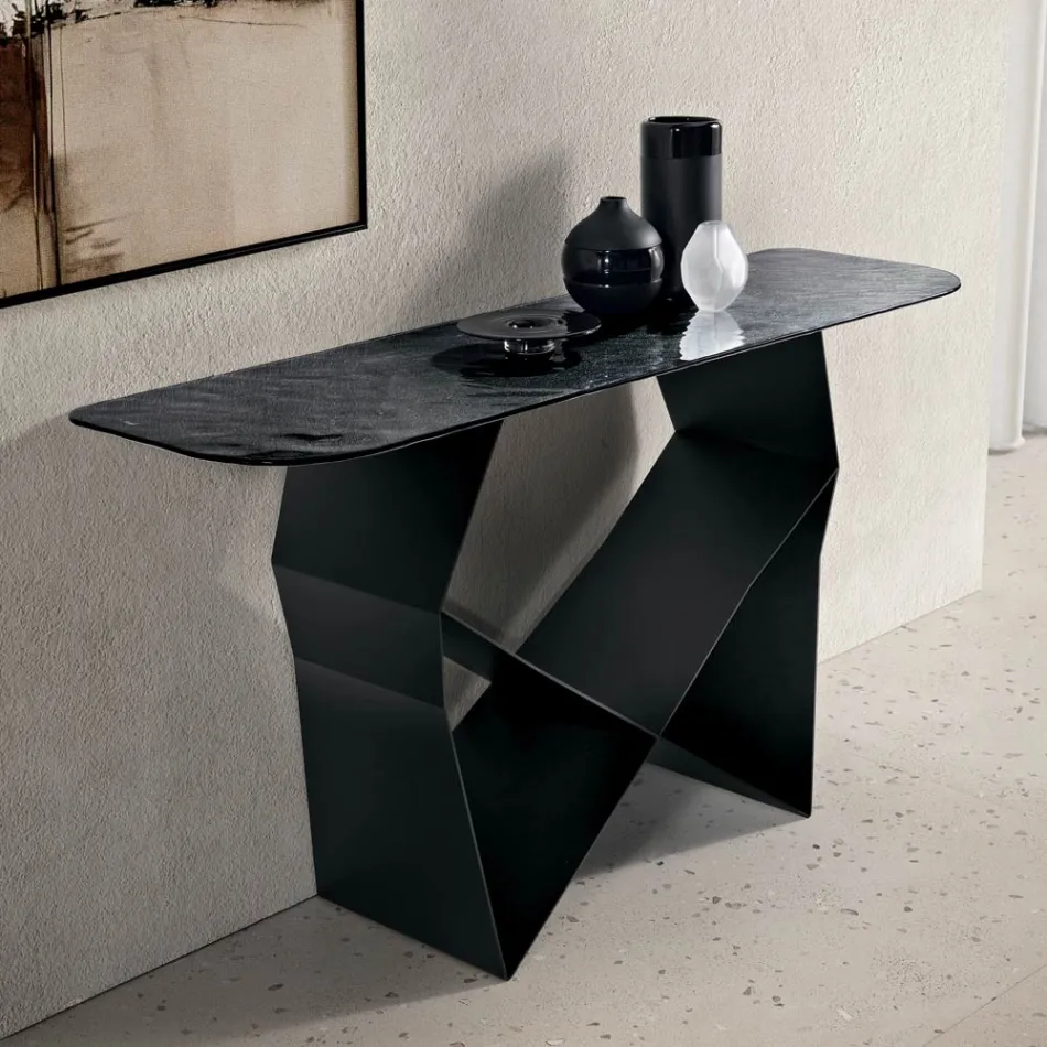 Stolik konsolowy z metalu i młotkowanym szklanym blatem z oparciem – wykończenie w kolorze srebrnym – Concordia Viadurini