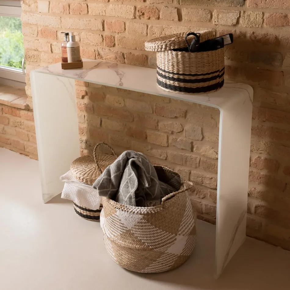 Stolik konsolowy ze szkła hartowanego o grubości 10 mm z efektem marmuru - Agordo Viadurini