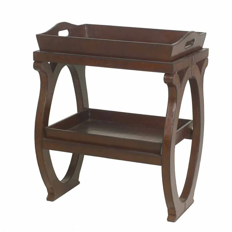 Nowoczesna konsola z tacą Walter, tapicerowana brązową skórą Viadurini