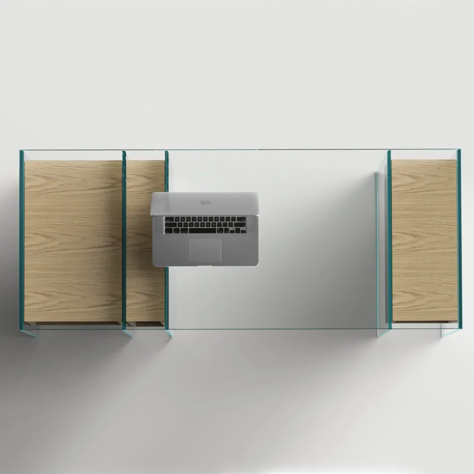 Konsola z bardzo przezroczystego szkła i drewna Made in Italy - Damiano Viadurini