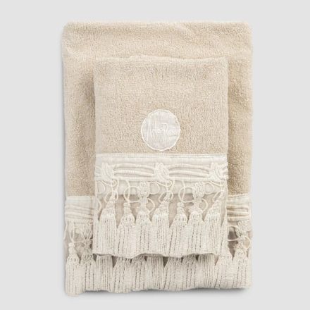 Ręczniki dla par, twarz i gość z bawełny frotte z koronkowymi frędzlami - Arafico Viadurini