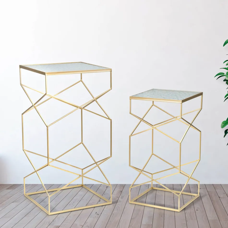 Para kwadratowych stolików telefonicznych ze złotego żelaza i szkła - Papież Viadurini